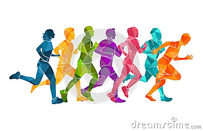 Running marathon, people run, colorful poster. Vector illustration background silhouette sport Cartoon Illustration